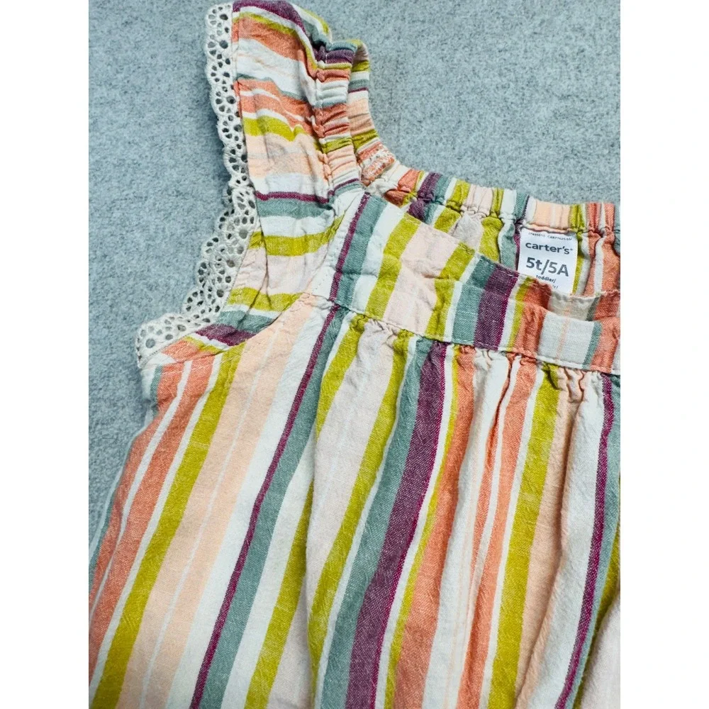 Carter's Girls 5T Striped Jumpsuit Rainbow Linen Blend Ruffle Sleeveless Romper